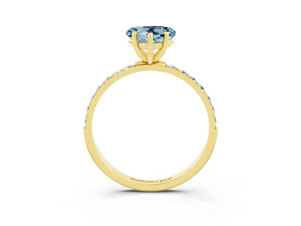 Yellow gold Heart Cut Aquamarine Solitaire Ring with Round  Pavé Band and Prong Setting