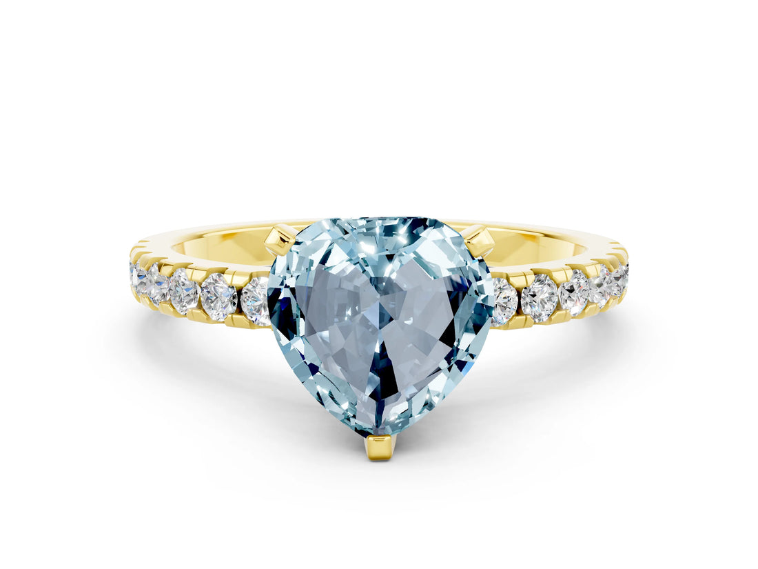 Yellow gold Heart Cut Aquamarine Solitaire Ring with Round  Pavé Band and Four-Prong Setting_36