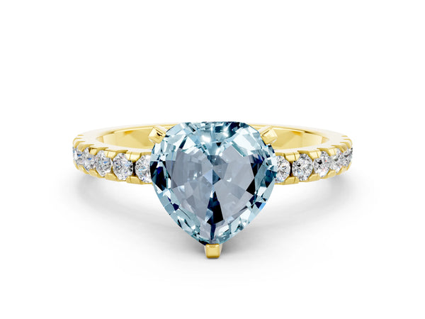 Yellow gold Heart Cut Aquamarine Solitaire Ring with Round Pavé Band and Four-Prong Setting