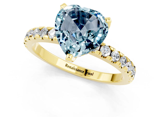 Yellow gold Heart Cut Aquamarine Solitaire Ring with Round Pavé Band and Four-Prong Setting