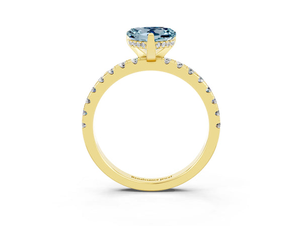 Yellow gold Heart Cut Aquamarine Solitaire Ring with Round Pavé Band and Four-Prong Setting