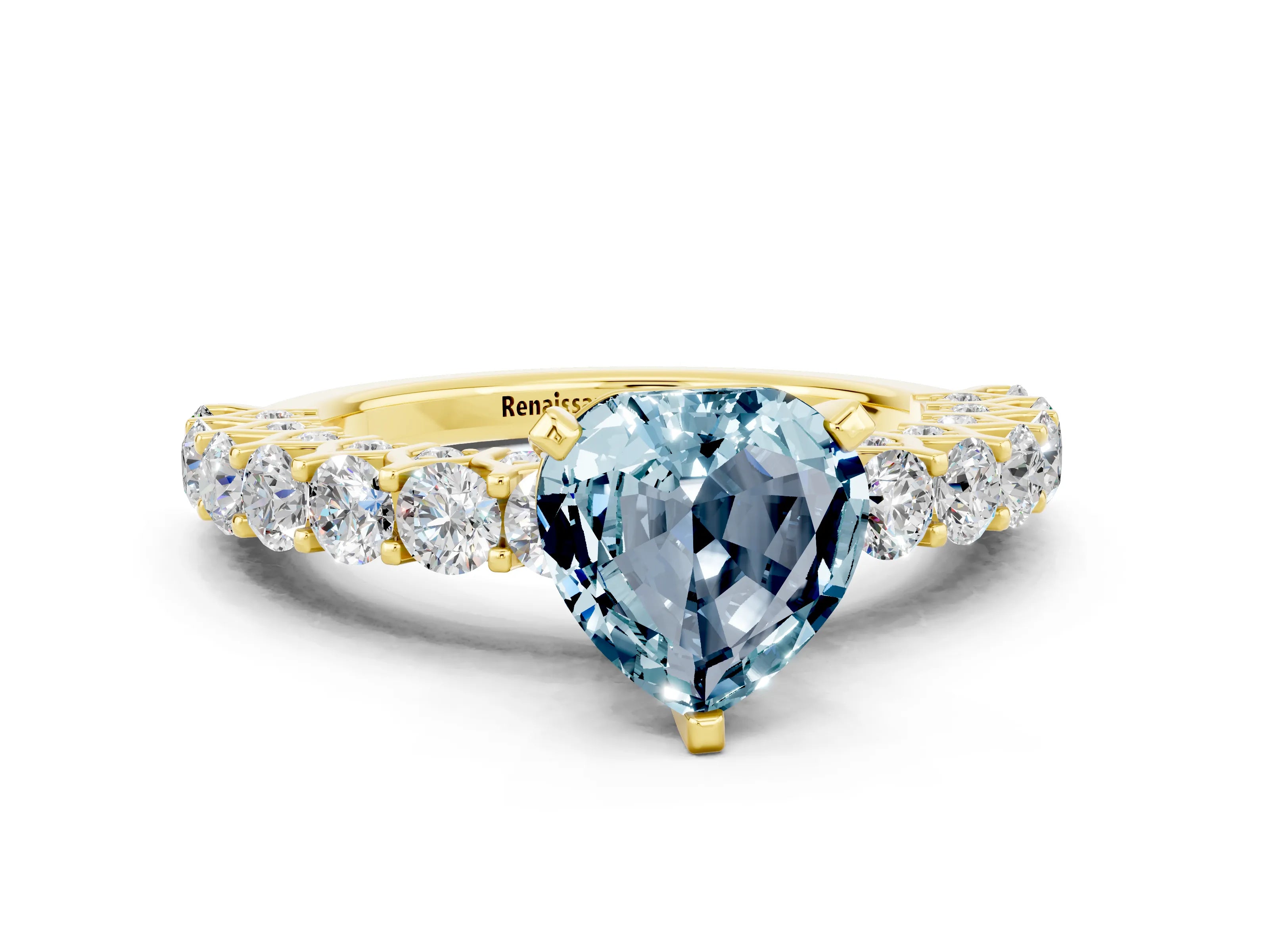 Yellow gold Heart Cut Aquamarine Solitaire Ring with Shared Prong Pavé Band and Four-Prong Setting_12