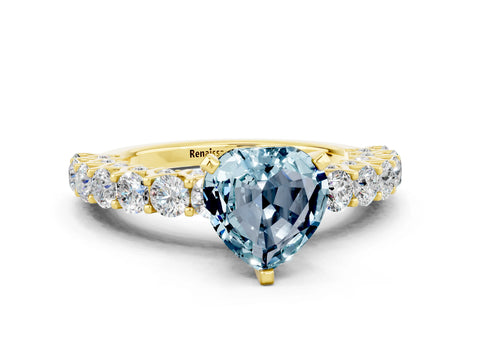 Yellow gold Heart Cut Aquamarine Solitaire Ring with Shared Prong Pavé Band and Four-Prong Setting_12