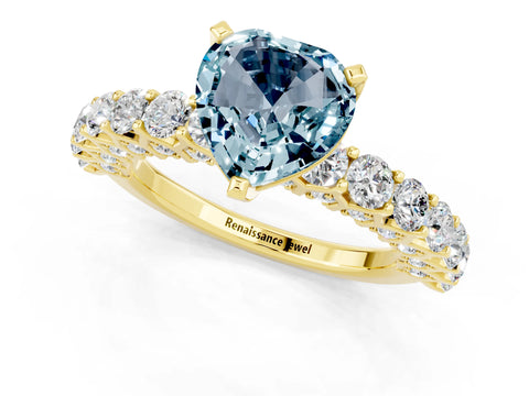 Yellow gold Heart Cut Aquamarine Solitaire Ring with Shared Prong Pavé Band and Four-Prong Setting_13