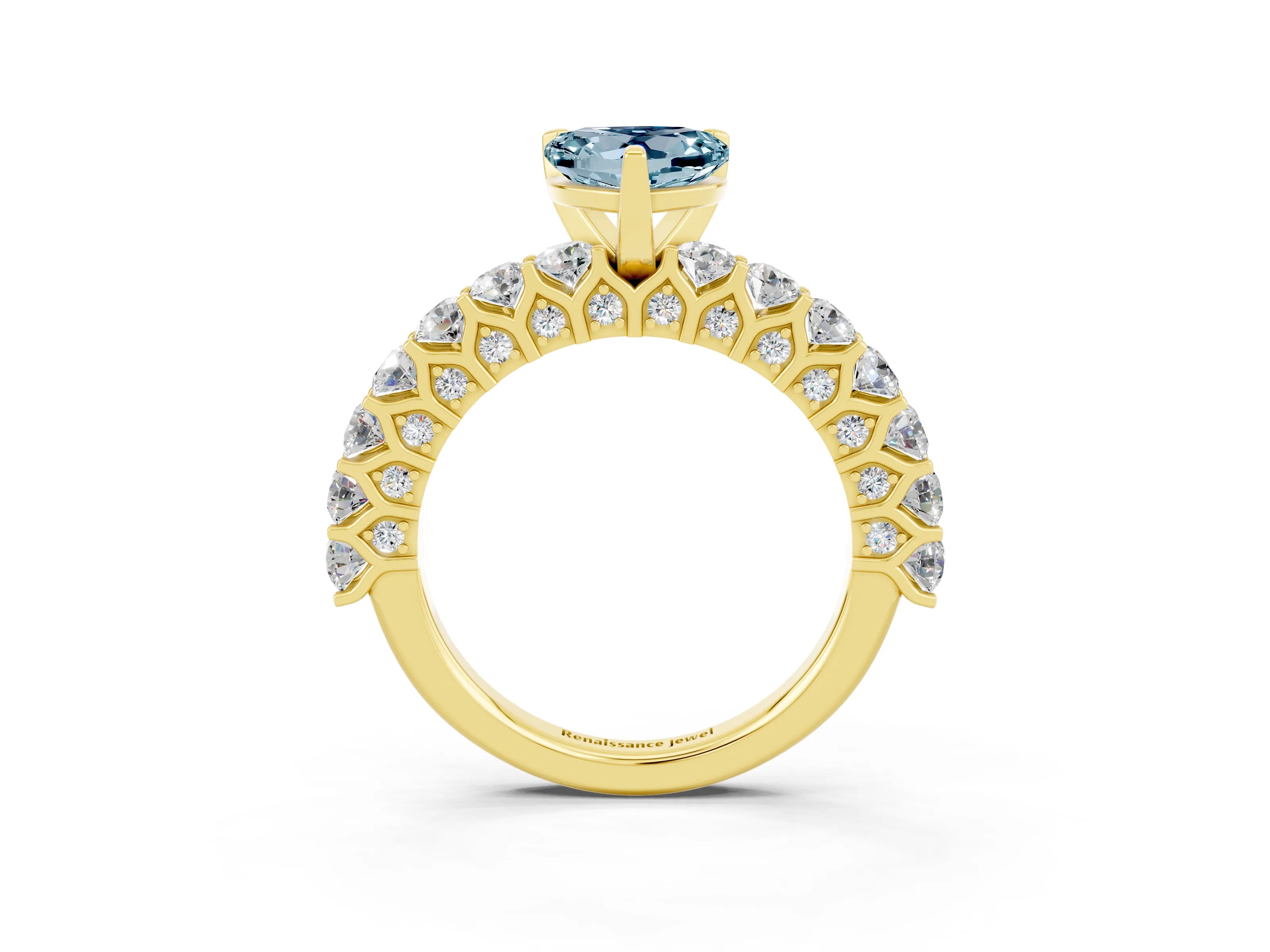 Yellow gold Heart Cut Aquamarine Solitaire Ring with Shared Prong Pavé Band and Four-Prong Setting_15