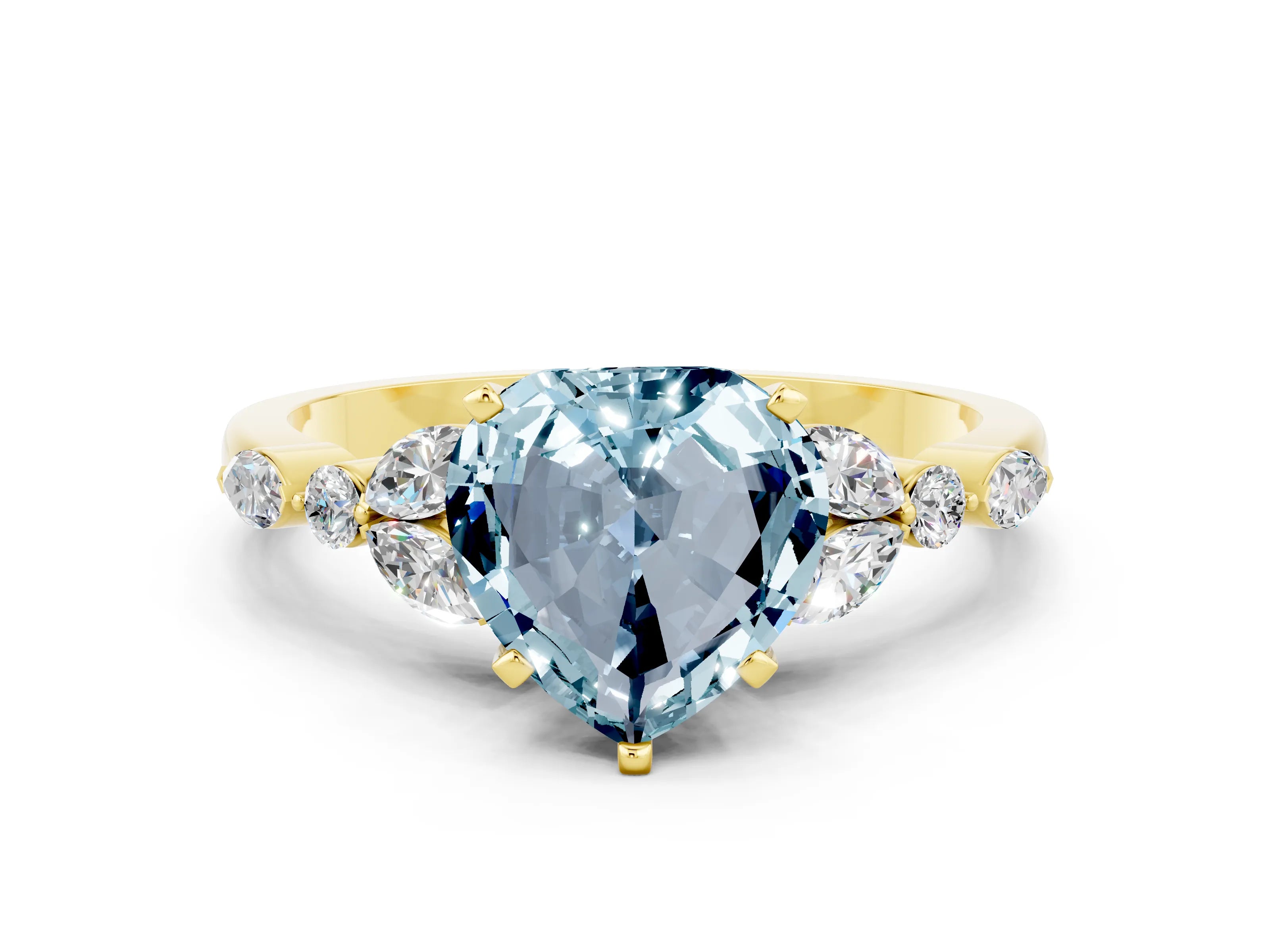 Yellow gold Heart Cut Aquamarine Solitaire Ring with Side Stones and Four-Prong Setting_12