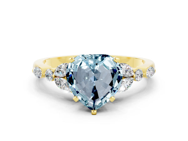 Yellow gold Heart Cut Aquamarine Solitaire Ring with Side Stones and Four-Prong Setting