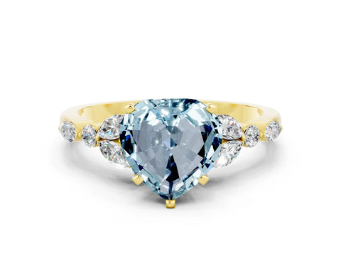 Yellow gold Heart Cut Aquamarine Solitaire Ring with Side Stones and Four-Prong Setting_12