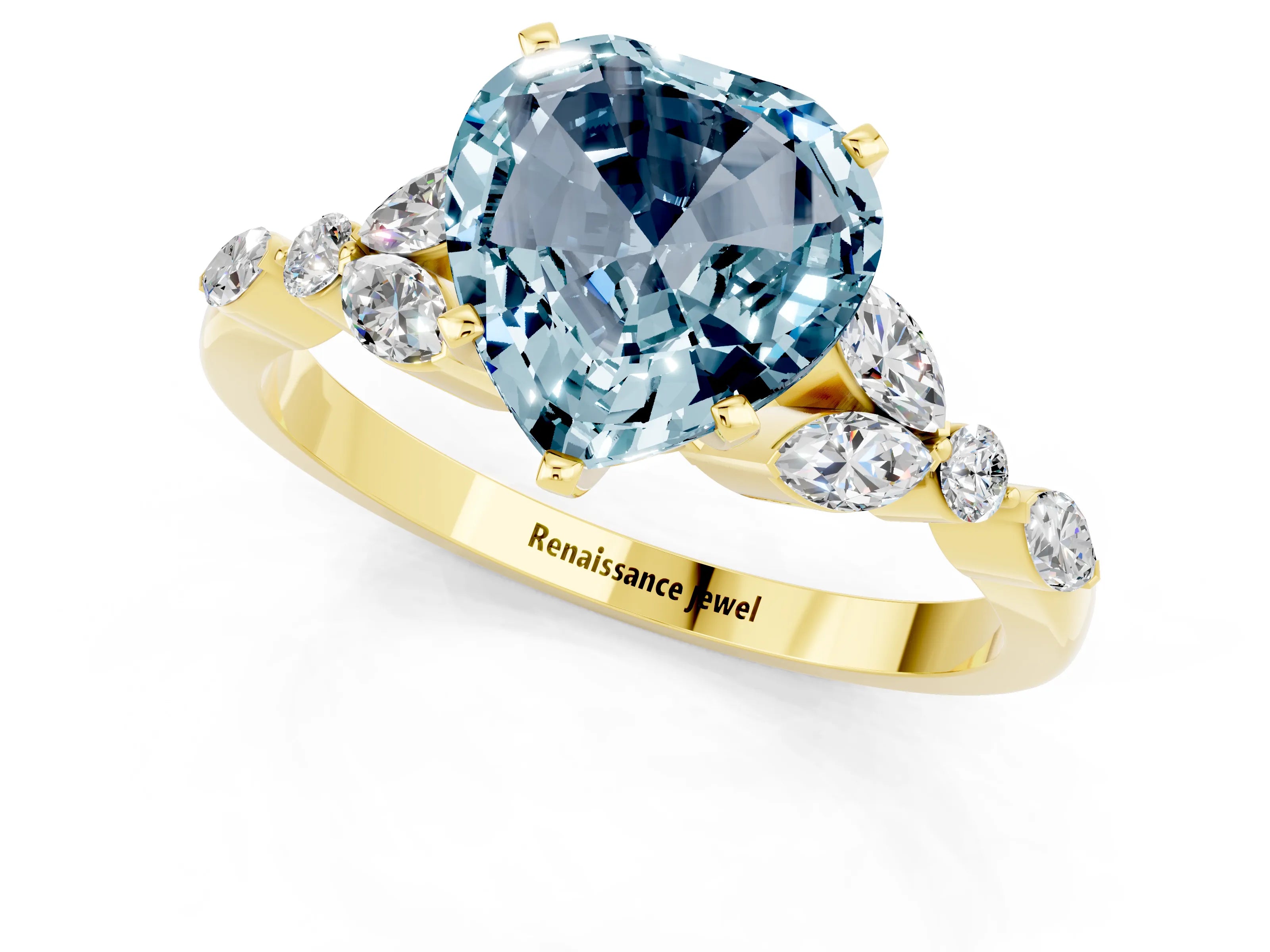 Yellow gold Heart Cut Aquamarine Solitaire Ring with Side Stones and Four-Prong Setting_13