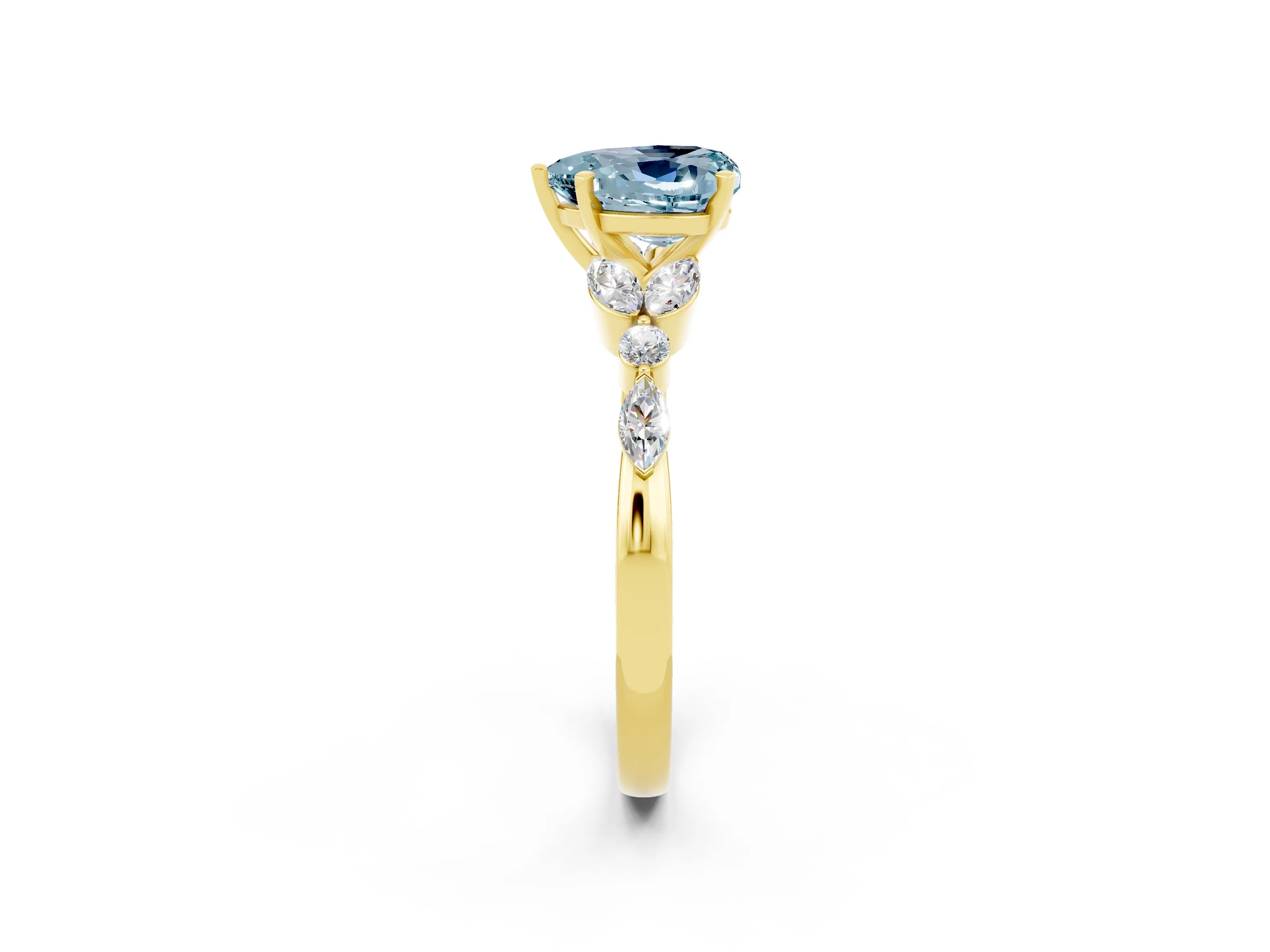Yellow gold Heart Cut Aquamarine Solitaire Ring with Side Stones and Four-Prong Setting_14