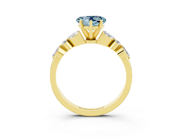 Yellow gold Heart Cut Aquamarine Solitaire Ring with Side Stones and Four-Prong Setting