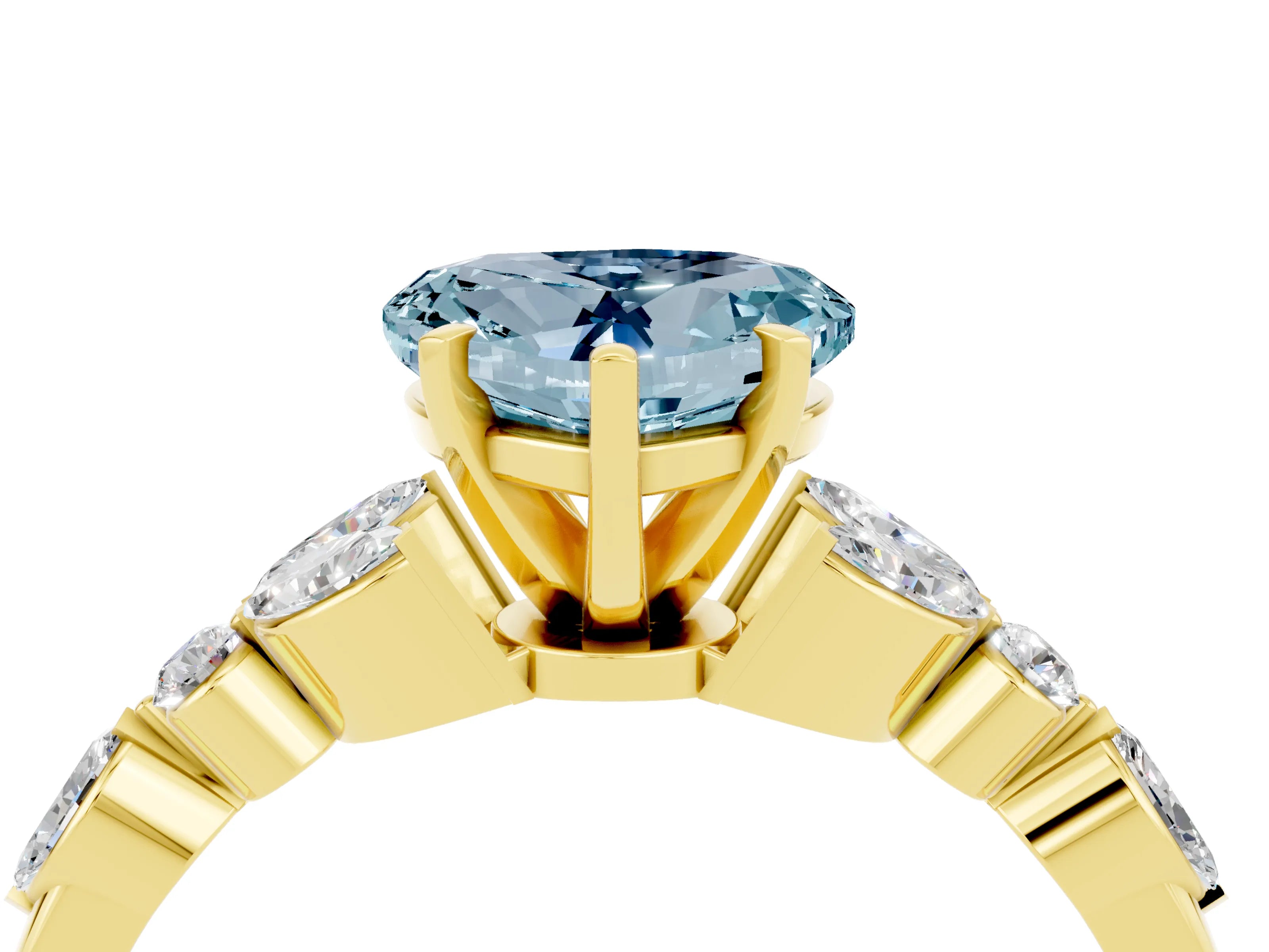Yellow gold Heart Cut Aquamarine Solitaire Ring with Side Stones and Four-Prong Setting_16