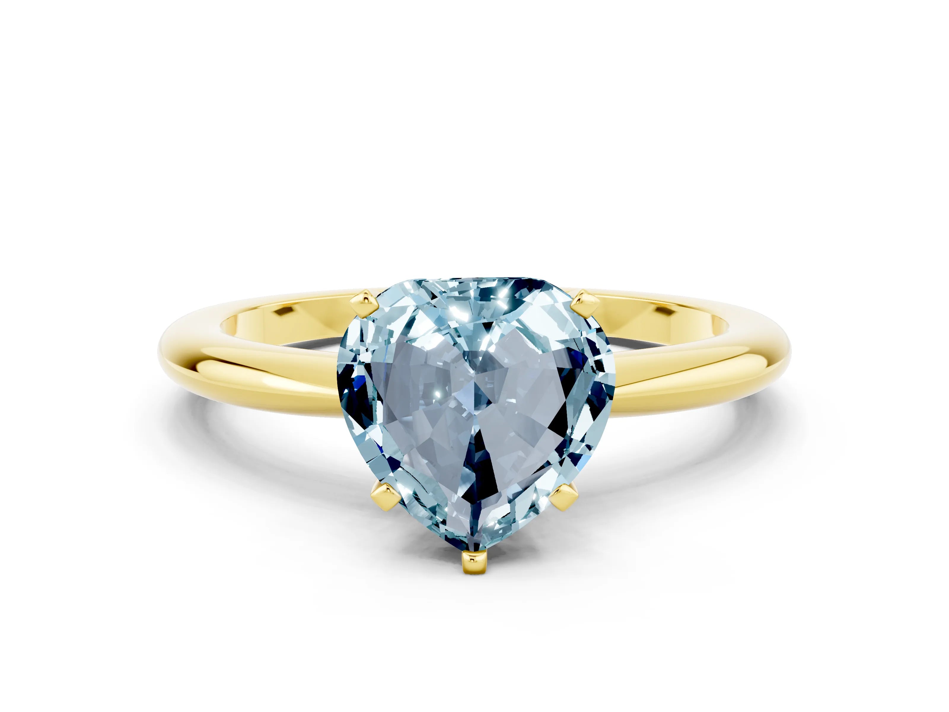 Yellow gold Heart Cut Aquamarine Solitaire Ring with Six-Prong Setting and Classic Band