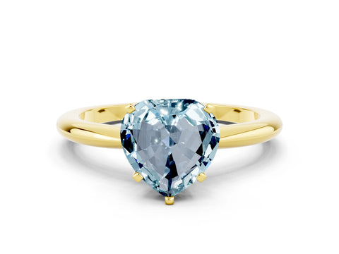 Yellow gold Heart Cut Aquamarine Solitaire Ring with Six-Prong Setting and Classic Band