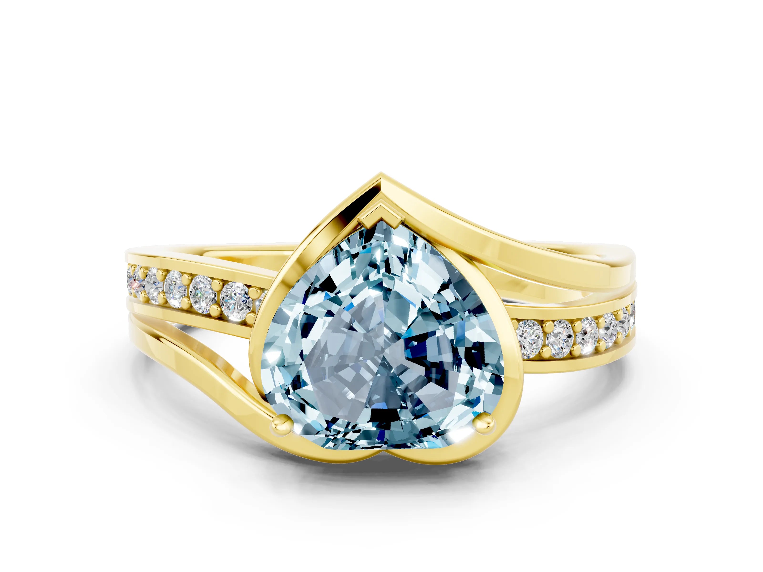 Yellow gold Heart Cut Aquamarine Solitaire Ring with Split Shank and Prong Setting