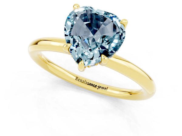 Yellow gold Heart Cut Aquamarine Solitaire Ring with Thin Band and Four-Prong Setting