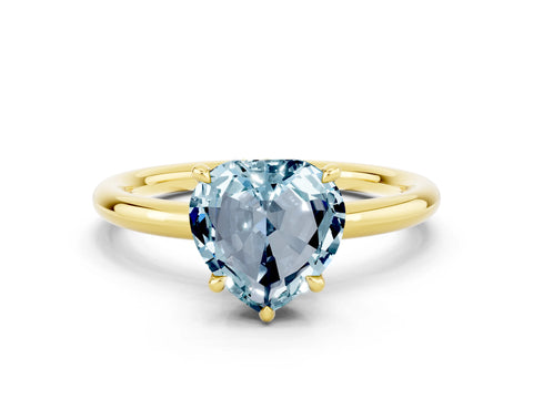 Yellow gold Heart Cut Aquamarine Solitaire Ring with Thin Band and Four-Prong Setting