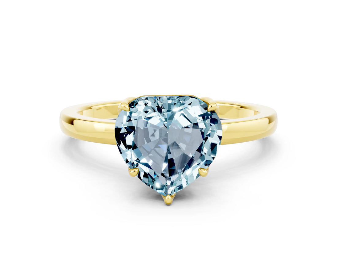 Yellow gold Heart Cut Aquamarine Solitaire Ring with Thin Band and Prong Setting_12