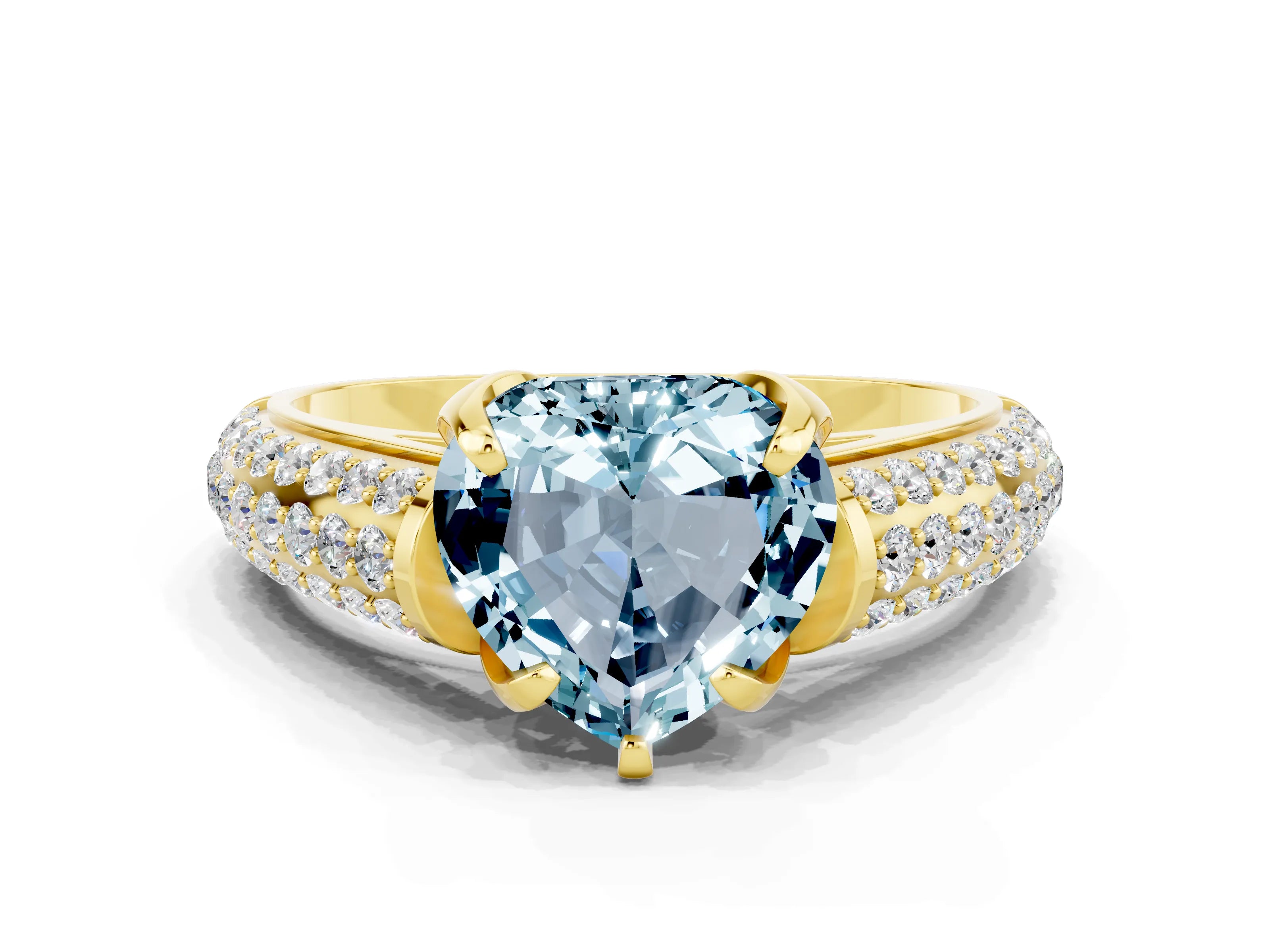 Yellow gold Heart Cut Aquamarine Solitaire Ring with Three-Row Pavé Band and Four-Prong Setting_12