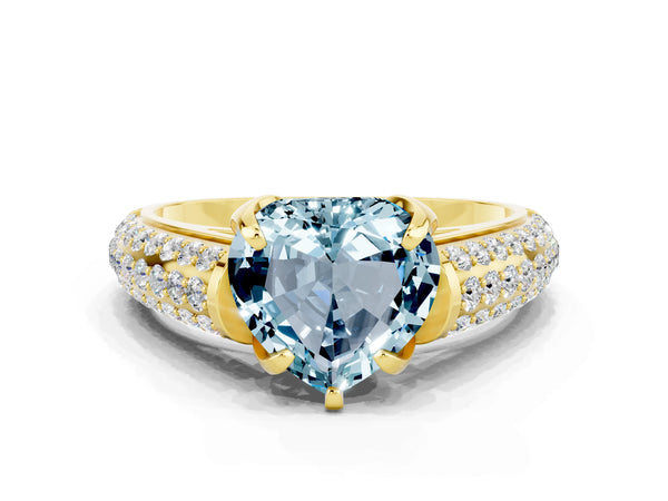 Yellow gold Heart Cut Aquamarine Solitaire Ring with Three-Row Pavé Band and Four-Prong Setting