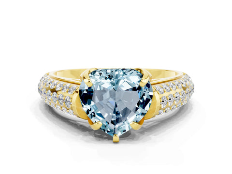 Yellow gold Heart Cut Aquamarine Solitaire Ring with Three-Row Pavé Band and Four-Prong Setting_12