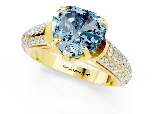 Yellow gold Heart Cut Aquamarine Solitaire Ring with Three-Row Pavé Band and Four-Prong Setting
