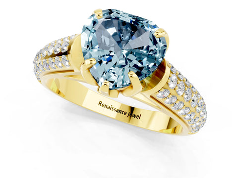 Yellow gold Heart Cut Aquamarine Solitaire Ring with Three-Row Pavé Band and Four-Prong Setting_13