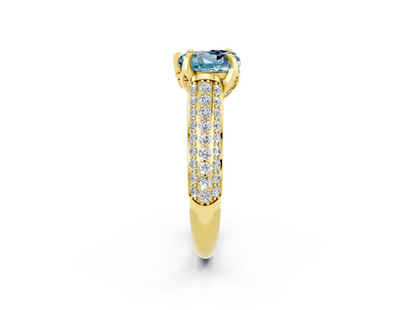 Yellow gold Heart Cut Aquamarine Solitaire Ring with Three-Row Pavé Band and Four-Prong Setting