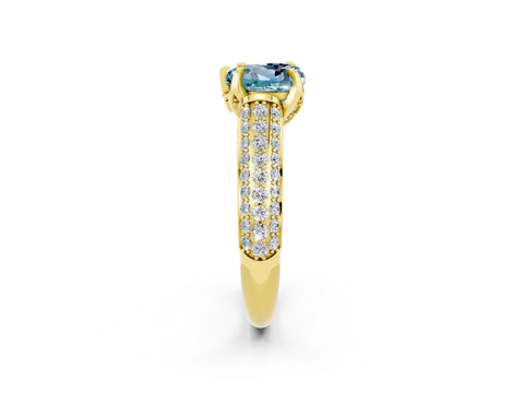 Yellow gold Heart Cut Aquamarine Solitaire Ring with Three-Row Pavé Band and Four-Prong Setting_14