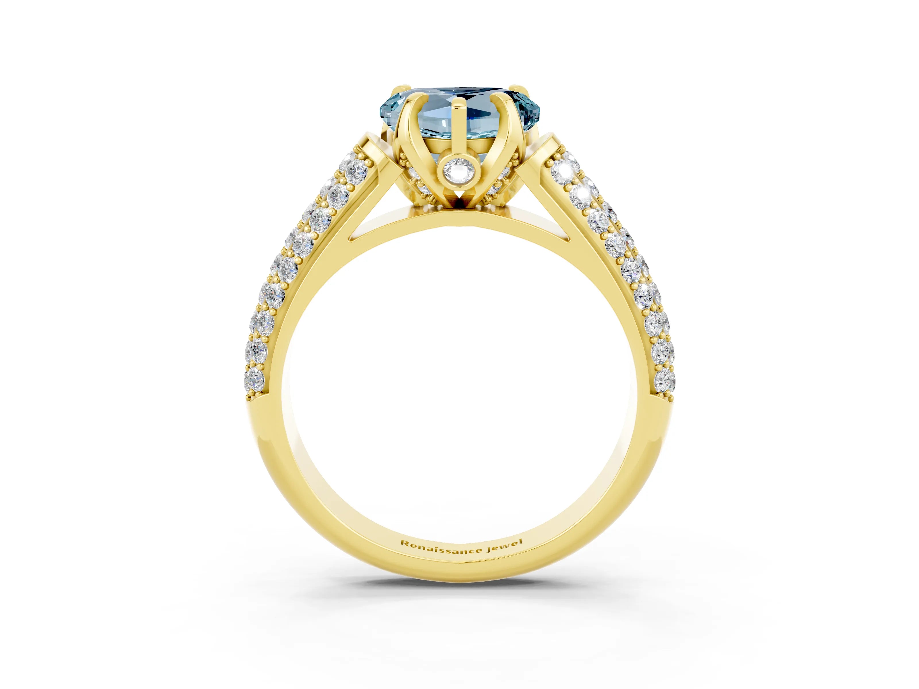 Yellow gold Heart Cut Aquamarine Solitaire Ring with Three-Row Pavé Band and Four-Prong Setting_15
