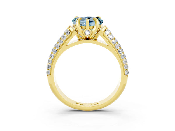 Yellow gold Heart Cut Aquamarine Solitaire Ring with Three-Row Pavé Band and Four-Prong Setting