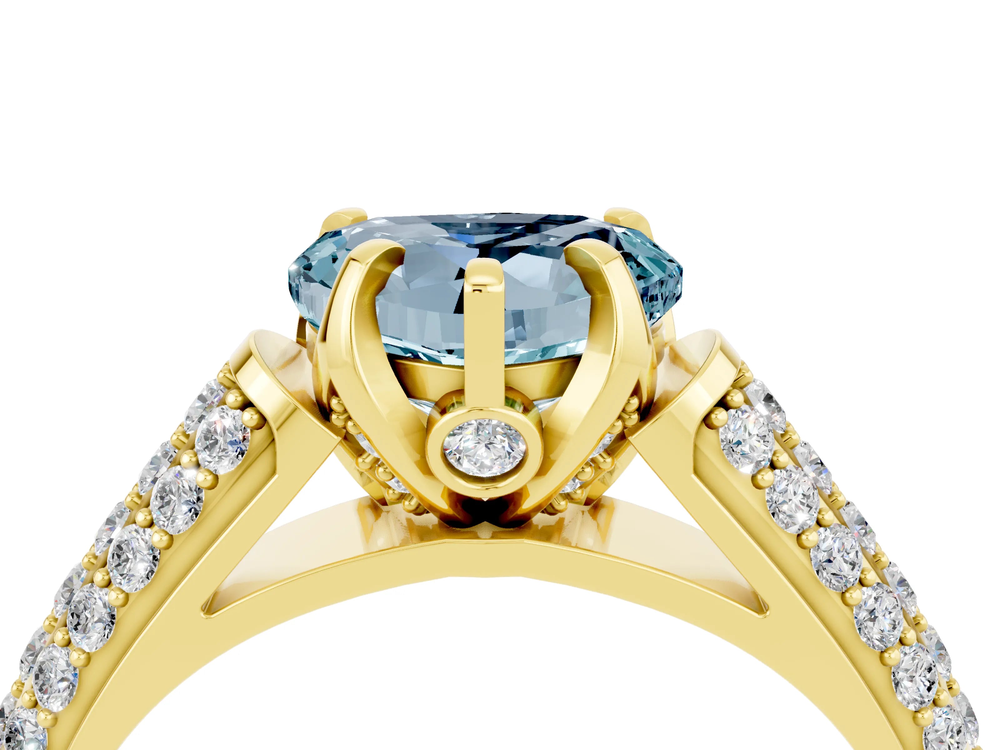 Yellow gold Heart Cut Aquamarine Solitaire Ring with Three-Row Pavé Band and Four-Prong Setting_16