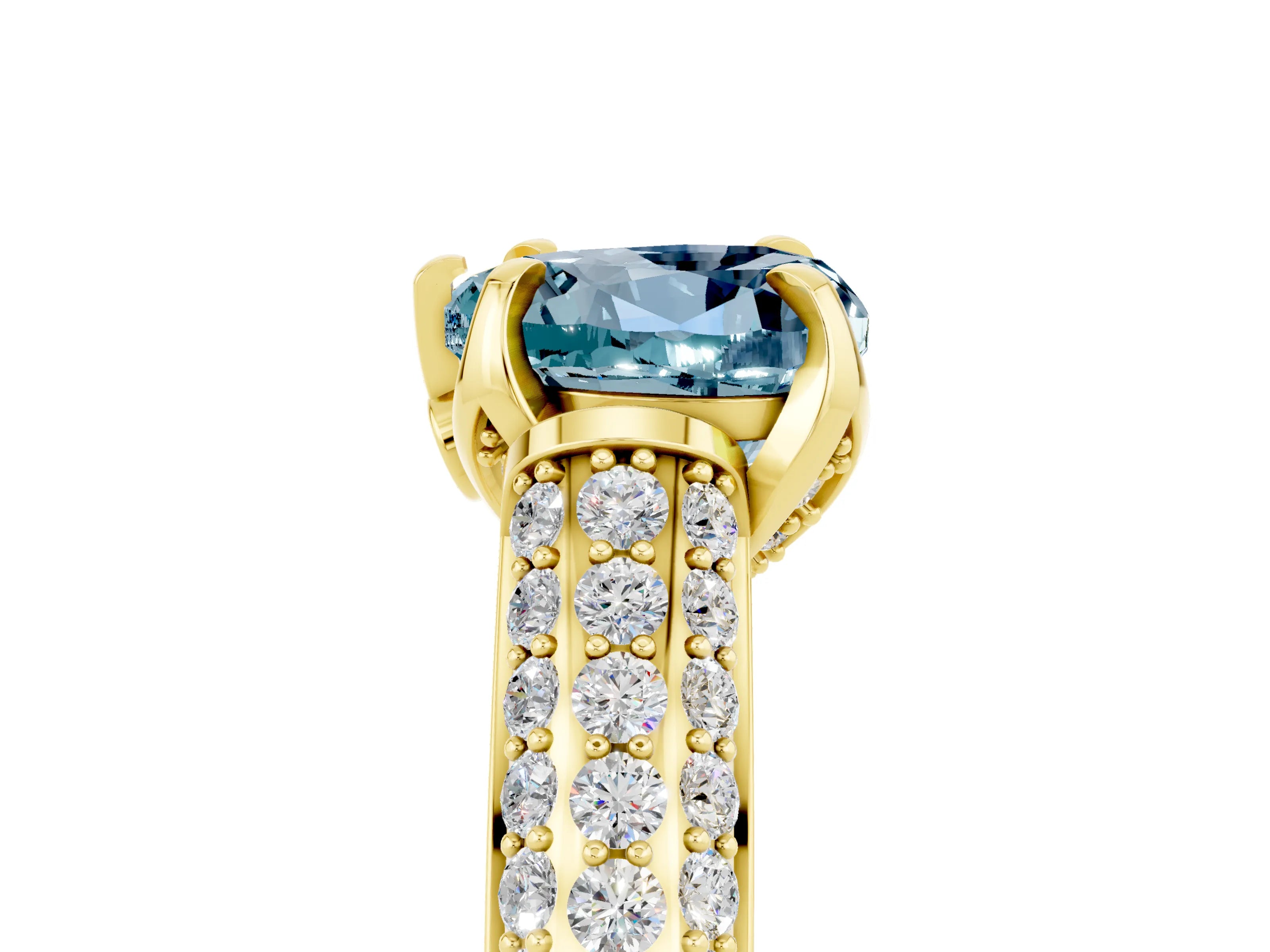 Yellow gold Heart Cut Aquamarine Solitaire Ring with Three-Row Pavé Band and Four-Prong Setting_17