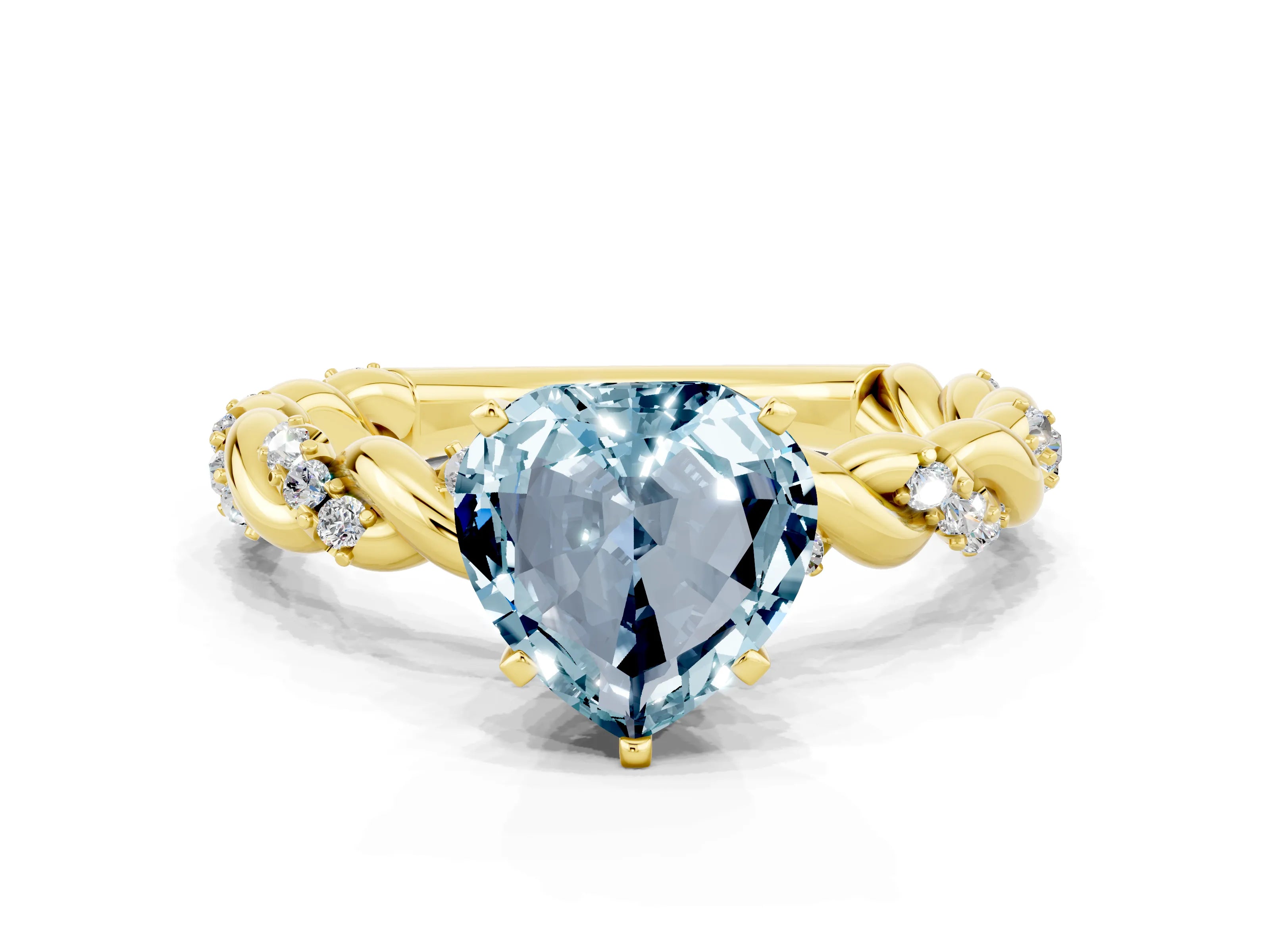 Yellow gold Heart Cut Aquamarine Solitaire Ring with Twisted Band and Pavé Accents