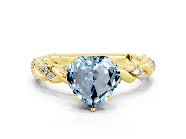 Yellow gold Heart Cut Aquamarine Solitaire Ring with Twisted Band and Pavé Accents