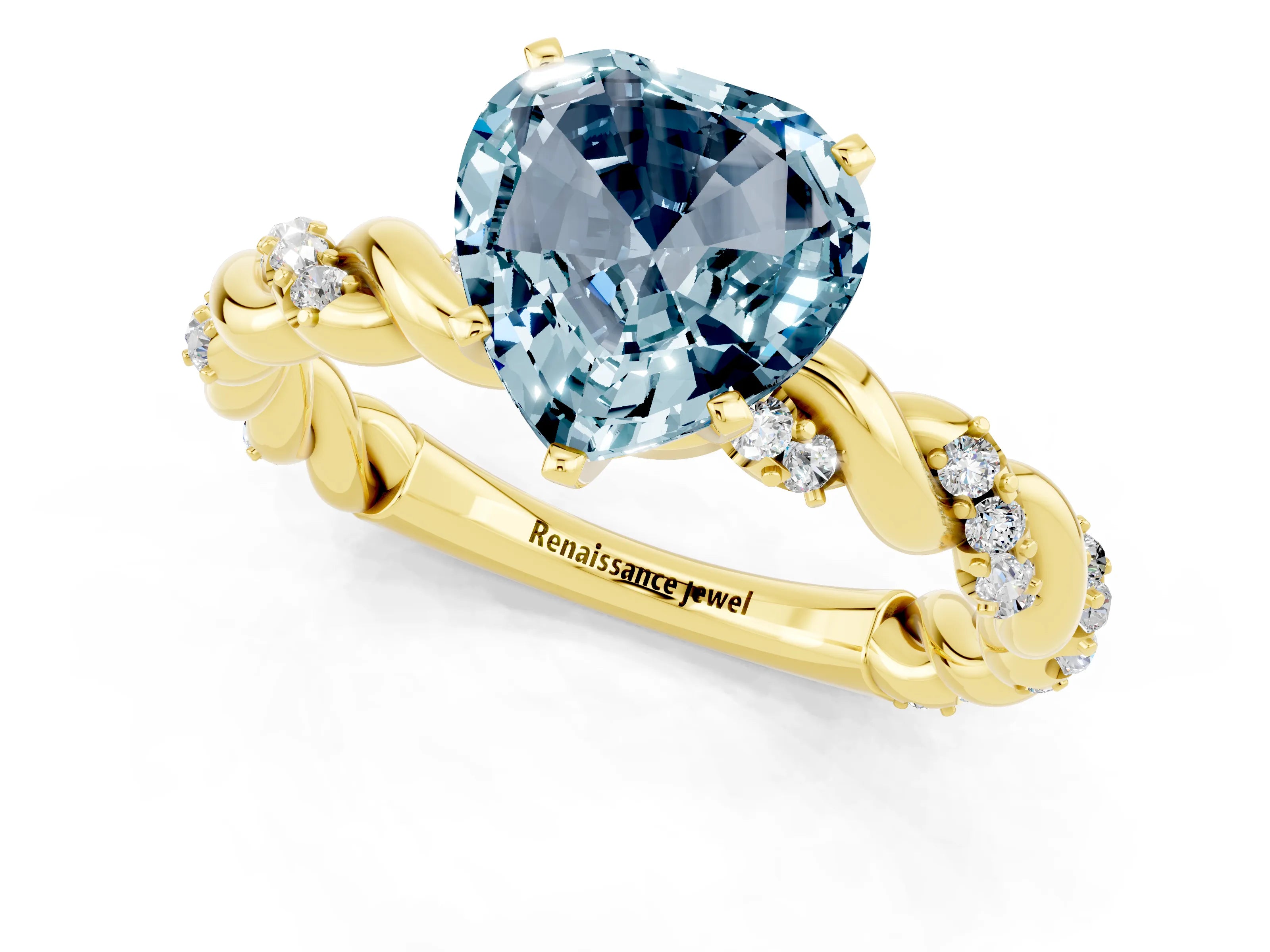 Yellow gold Heart Cut Aquamarine Solitaire Ring with Twisted Band and Pavé Accents_1
