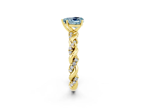 Yellow gold Heart Cut Aquamarine Solitaire Ring with Twisted Band and Pavé Accents_2