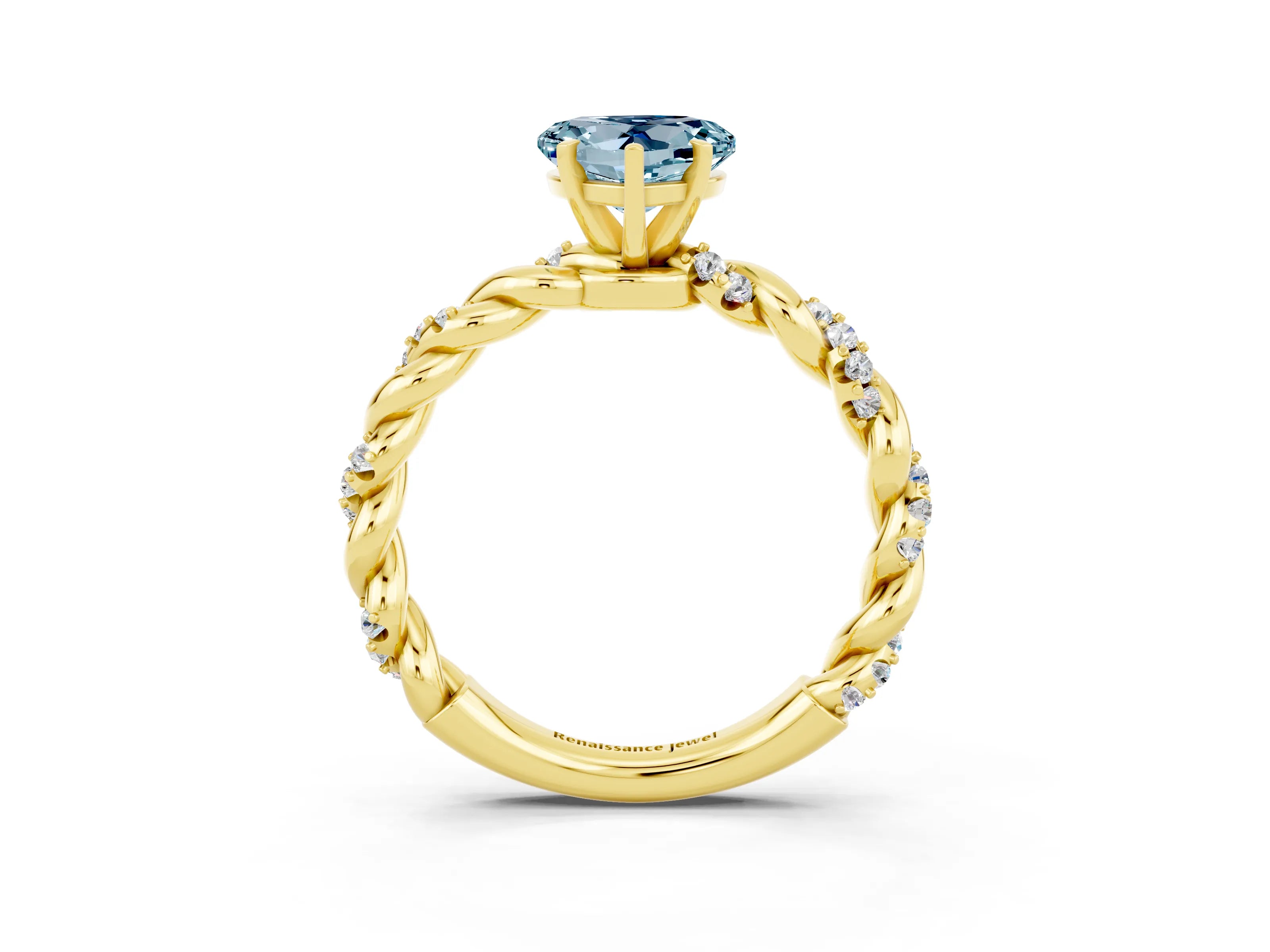 Yellow gold Heart Cut Aquamarine Solitaire Ring with Twisted Band and Pavé Accents_3