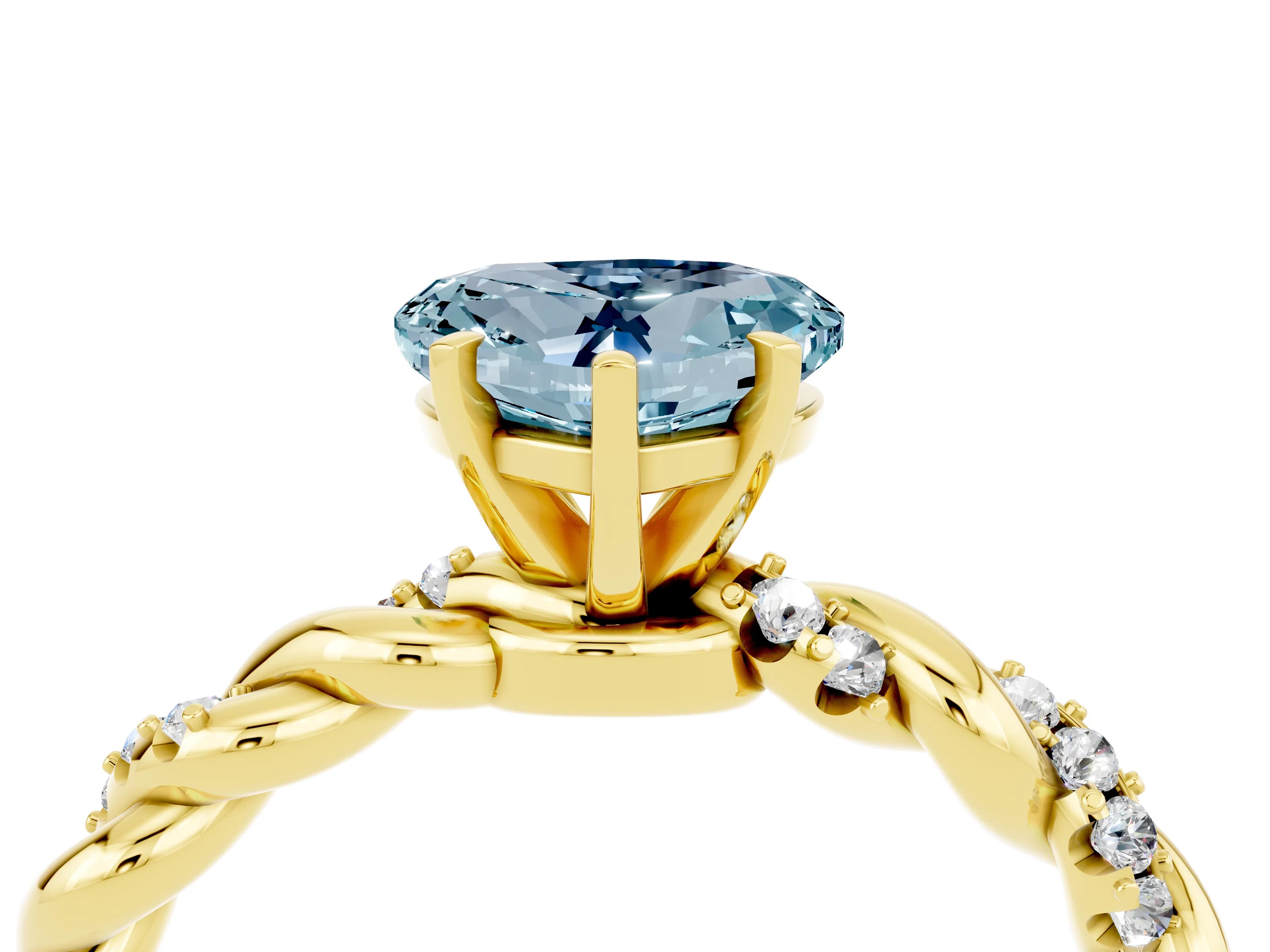 Yellow gold Heart Cut Aquamarine Solitaire Ring with Twisted Band and Pavé Accents_4