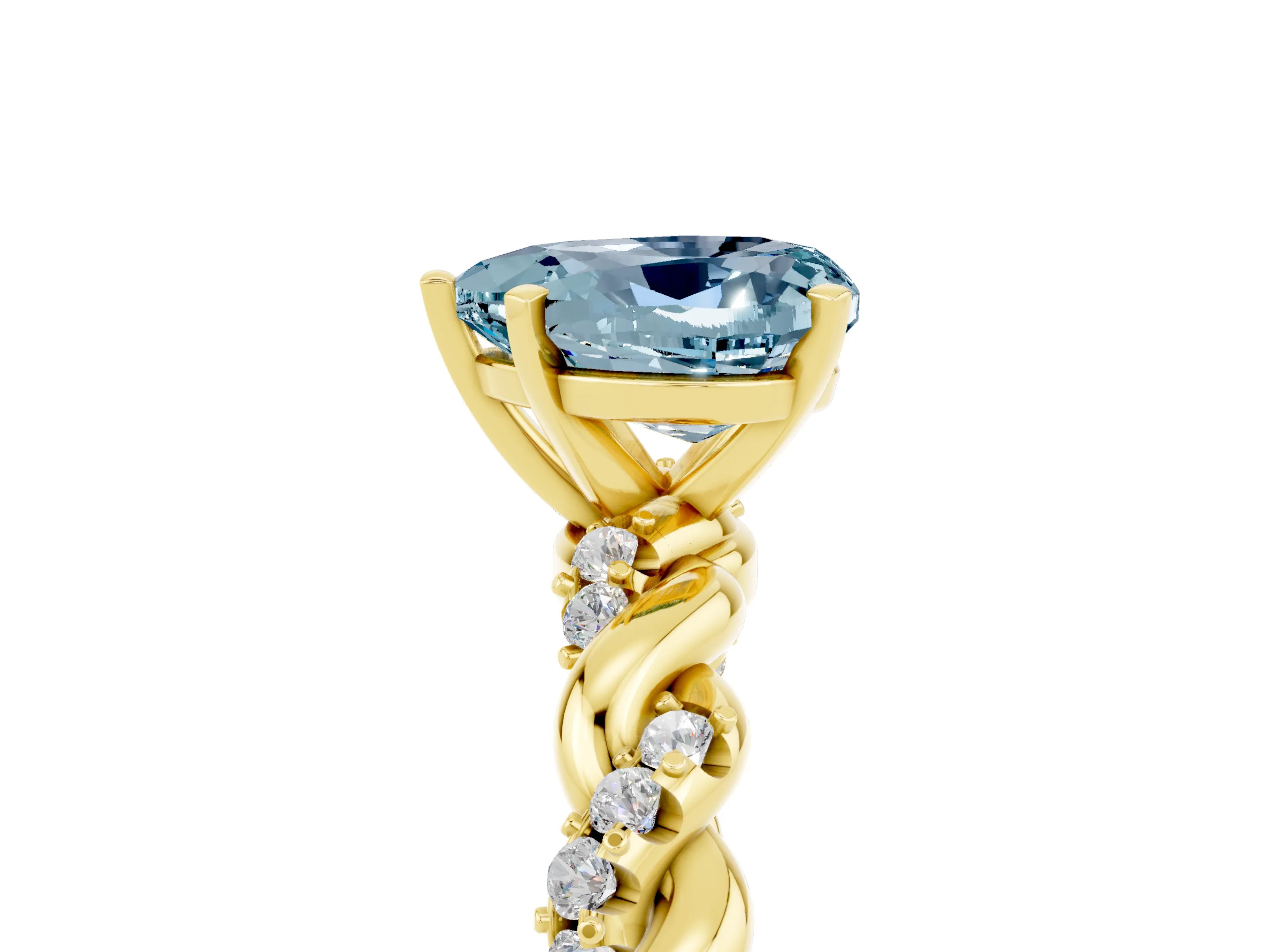 Yellow gold Heart Cut Aquamarine Solitaire Ring with Twisted Band and Pavé Accents_5