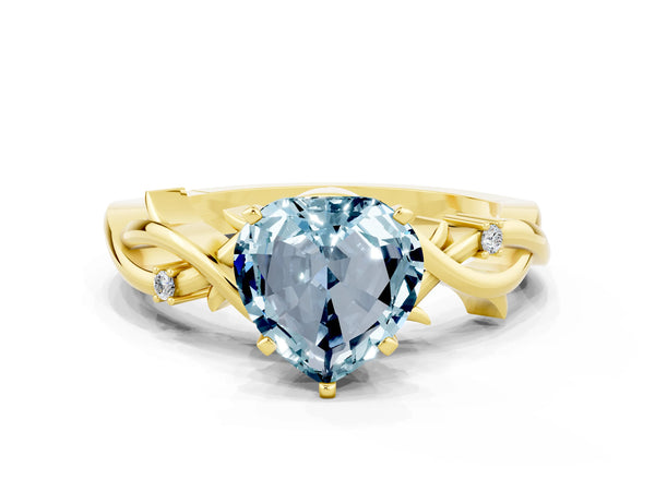 Yellow gold Heart Cut Aquamarine Solitaire Ring with Twisted Band and Prong Setting