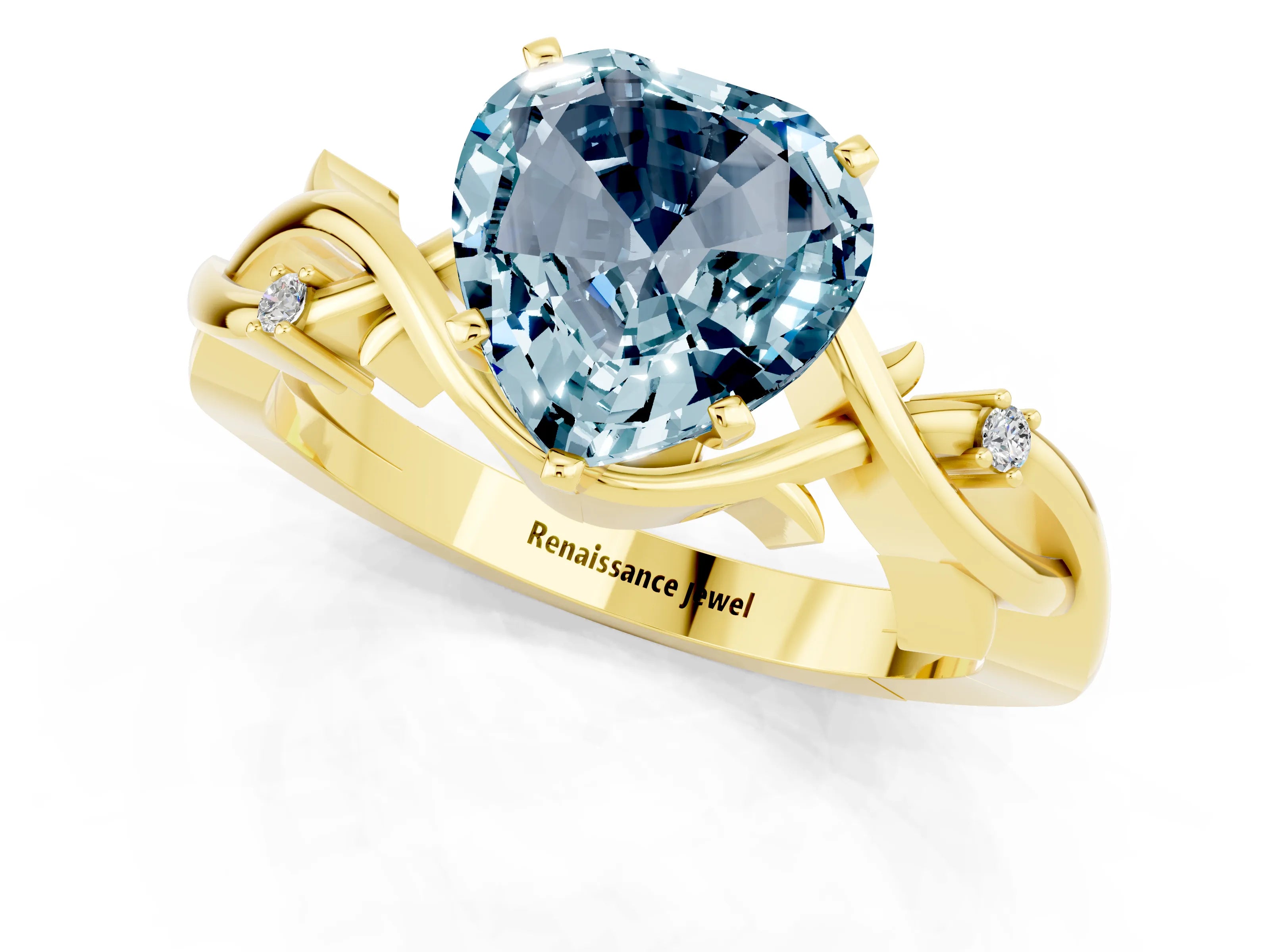 Yellow gold Heart Cut Aquamarine Solitaire Ring with Twisted Band and Prong Setting_1