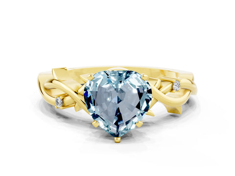 Yellow gold Heart Cut Aquamarine Solitaire Ring with Twisted Band and Prong Setting