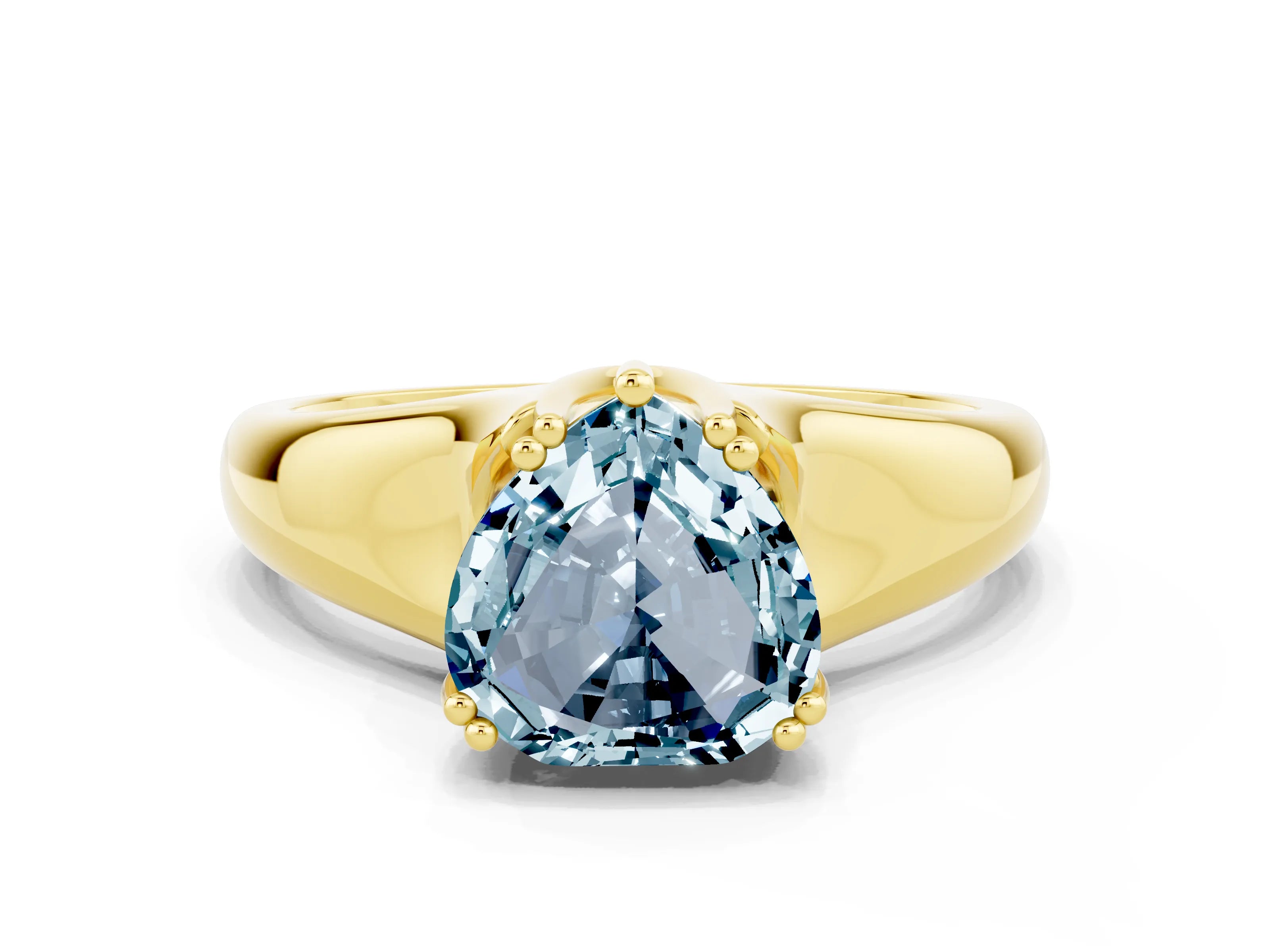 Yellow gold Heart Cut Aquamarine Solitaire Ring with Wide Band and Prong Setting