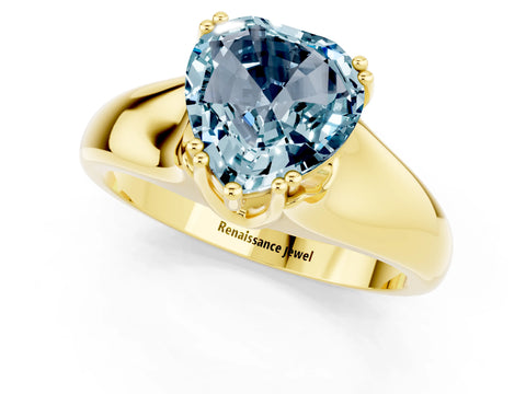 Yellow gold Heart Cut Aquamarine Solitaire Ring with Wide Band and Prong Setting_1