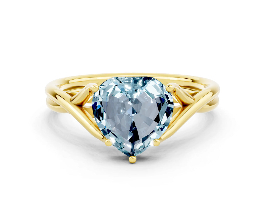 Yellow gold Heart Cut Aquamarine Solitaire Twist Band Prong Setting Ring_48