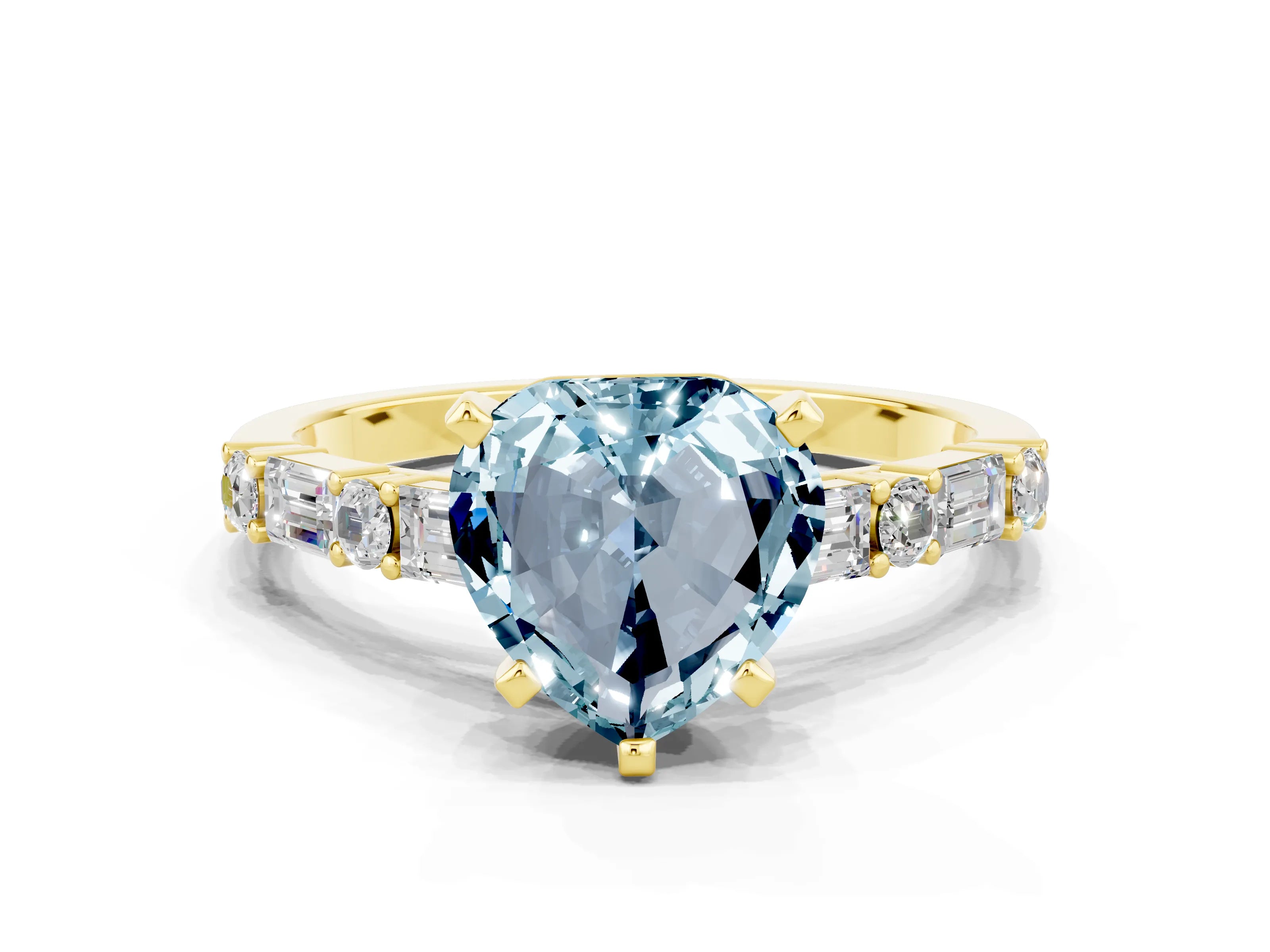 Yellow gold Heart Cut Aquamarine Solitaire with Side Baguettes and Channel Set Band