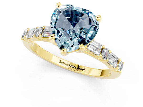 Yellow gold Heart Cut Aquamarine Solitaire with Side Baguettes and Channel Set Band
