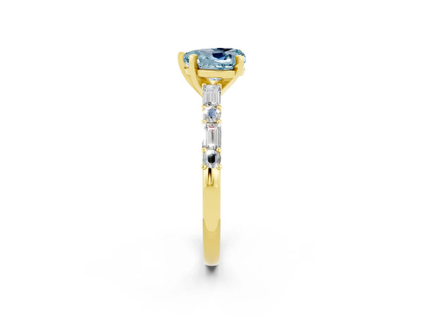 Yellow gold Heart Cut Aquamarine Solitaire with Side Baguettes and Channel Set Band