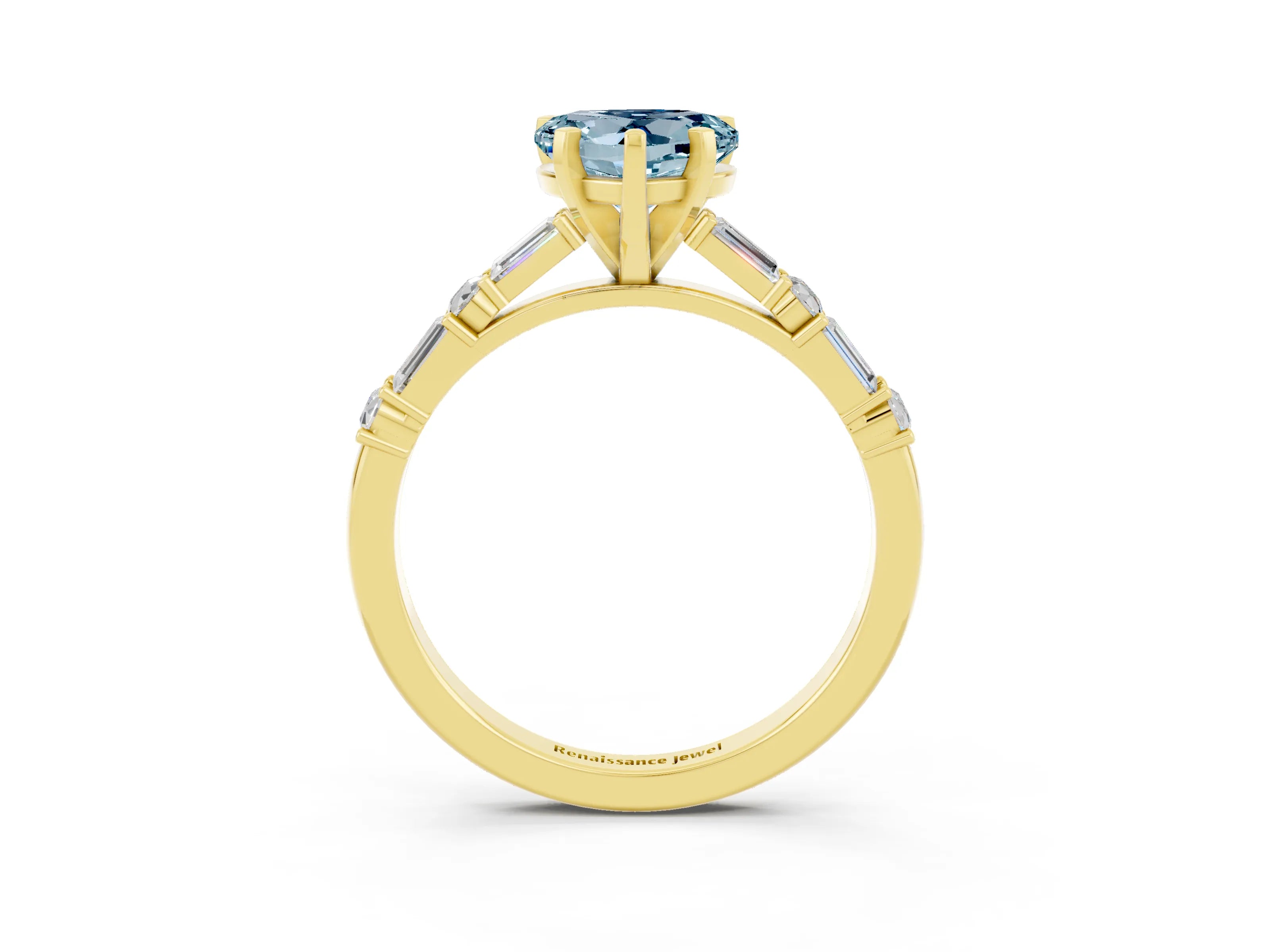 Yellow gold Heart Cut Aquamarine Solitaire with Side Baguettes and Channel Set Band_3